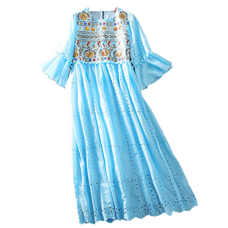 Cotton And Linen Long Dress Ethnic Embroidery Flower Dress