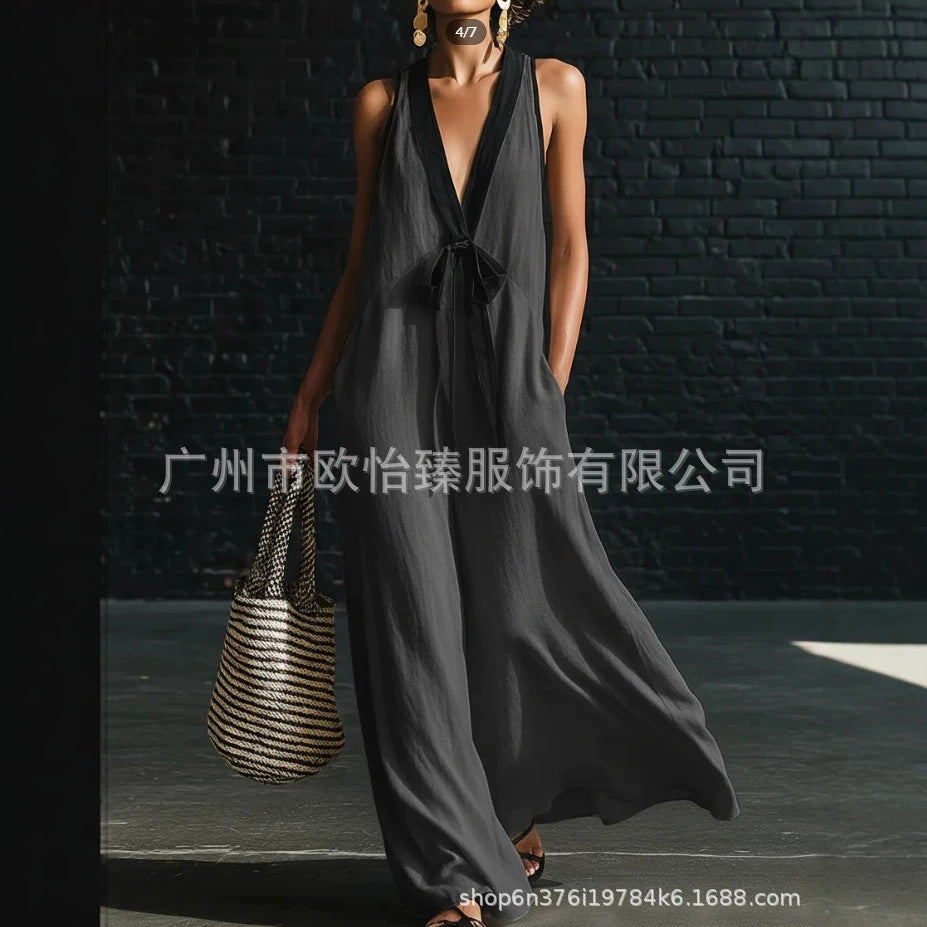 Cotton blend Summer New Women's Classic Elegant Contrast Color Tie Long Skirt
