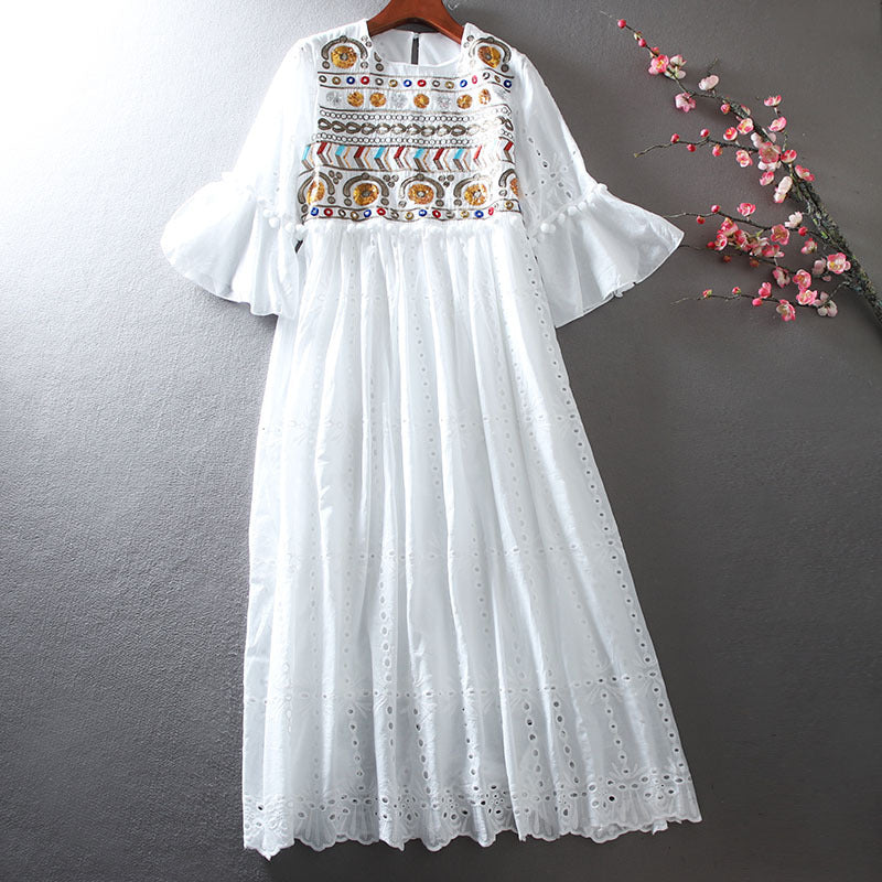 Cotton And Linen Long Dress Ethnic Embroidery Flower Dress