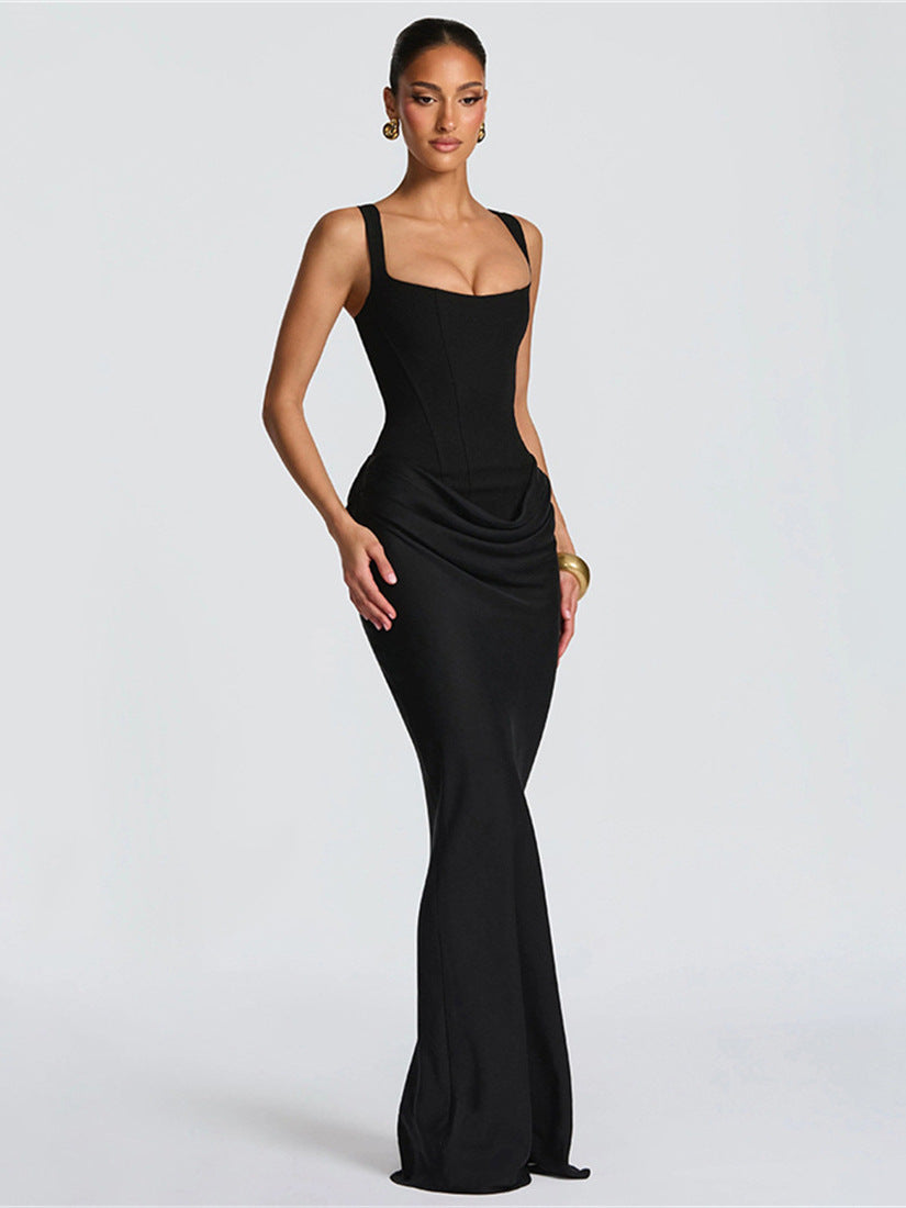 Polyester Slim-Fit Waist-Cinching Ruched Bodycon Elegant Spaghetti Strap Dress