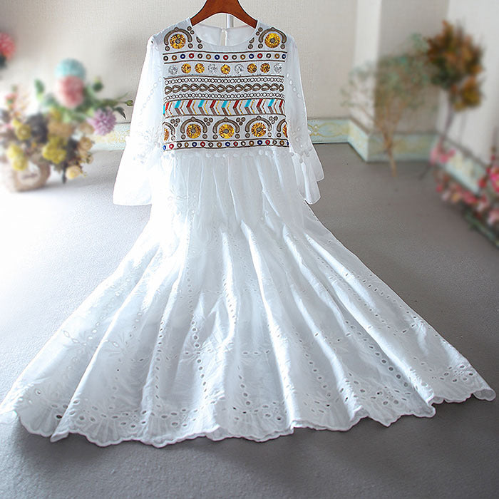 Cotton And Linen Long Dress Ethnic Embroidery Flower Dress