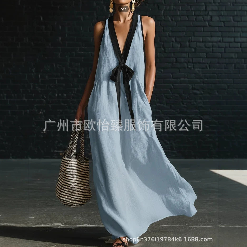 Cotton blend Summer New Women's Classic Elegant Contrast Color Tie Long Skirt