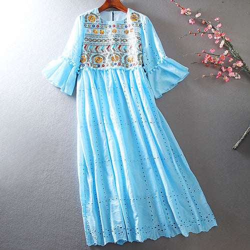 Cotton And Linen Long Dress Ethnic Embroidery Flower Dress