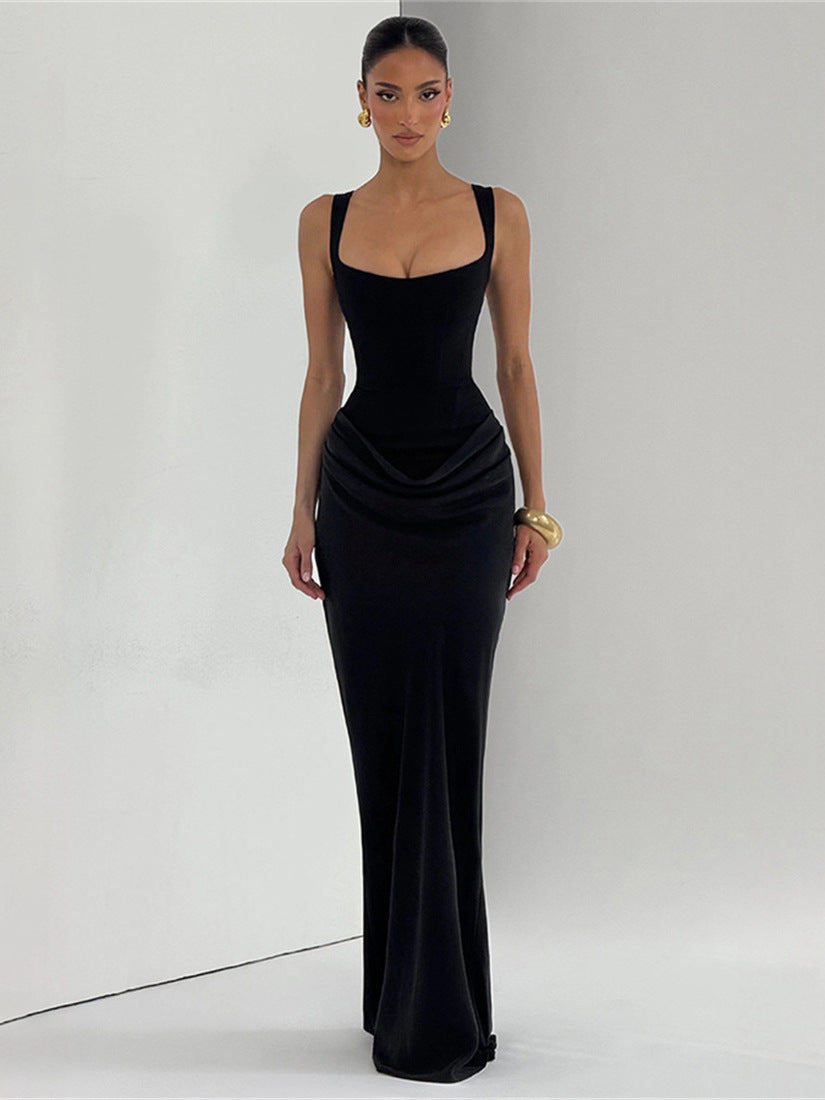 Polyester Slim-Fit Waist-Cinching Ruched Bodycon Elegant Spaghetti Strap Dress